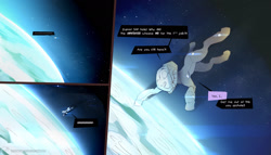 Size: 1920x1100 | Tagged: safe, artist:icychamber, oc, species:earth pony, species:pony, comic:the chosen one, comic, dialogue, earth, falling, solo, space, space suit, speech bubble, text