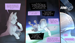 Size: 1920x1100 | Tagged: safe, artist:icychamber, species:earth pony, species:pony, species:unicorn, comic:the chosen one, comic, dialogue, duo, earpiece, earth, space, space suit, speech bubble, text