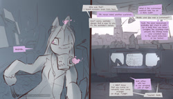 Size: 1920x1100 | Tagged: safe, artist:icychamber, species:pony, species:unicorn, comic:the chosen one, call center, comic, dialogue, earpiece, mug, speech bubble, text