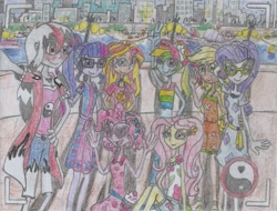 Size: 1597x1212 | Tagged: safe, artist:nephilim rider, character:applejack, character:fluttershy, character:pinkie pie, character:rainbow dash, character:rarity, character:sunset shimmer, character:twilight sparkle, character:twilight sparkle (scitwi), oc, oc:heaven lost, species:eqg human, g4, my little pony: equestria girls, my little pony:equestria girls, nephilim, traditional art
