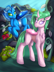 Size: 1980x2622 | Tagged: safe, artist:brushstroke, oc, oc only, oc:platinum band, oc:queen ludo, species:changeling, species:reformed changeling, changedling oc, changeling oc, female, flying, outdoors, scenery
