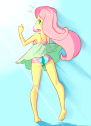 Size: 1152x1584 | Tagged: safe, artist:drantyno, character:fluttershy, my little pony:equestria girls, ass, babydoll, barefoot, blue underwear, blushing, braless, butt, clothing, crepuscular rays, embarrassed, embarrassed underwear exposure, feet, female, flutterbutt, frilly underwear, looking back, nightgown, panties, panty shot, pink underwear, see-through, skirt, skirt lift, solo, surprised, underwear, upskirt