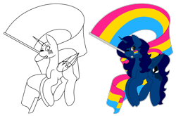Size: 5041x3332 | Tagged: safe, artist:midnightamber, oc, oc:midnight, species:alicorn, species:pony, alicorn oc, commission, face paint, pansexual pride flag, pride, pride flag, smiling, solo, wings, wings down, your character here