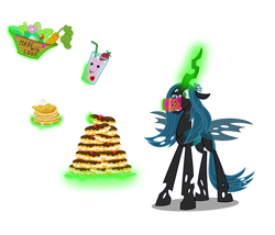 Size: 1400x1200 | Tagged: safe, artist:seahawk270, edit, character:queen chrysalis, species:changeling, cake, carrot, changeling queen, eating, eclair, female, food, hungry, juice, love, pancakes, solo, strawberry, vector