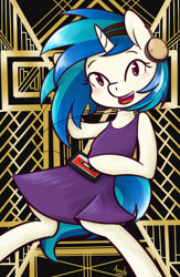 Size: 1194x1830 | Tagged: safe, artist:lilliesinthegarden, character:dj pon-3, character:vinyl scratch, species:pony, species:unicorn, art deco, bipedal, blushing, cassette player, cassette tape, clothing, cute, dress, female, flapper, headphones, music player, open mouth, roaring 20's, semi-anthro, solo, vinylbetes