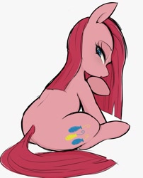 Size: 957x1185 | Tagged: safe, artist:manachaaaaaaaa, character:pinkamena diane pie, character:pinkie pie, species:earth pony, species:pony, back, balloonbutt, butt, female, lidded eyes, looking at you, looking back, looking back at you, mare, plot, sitting, solo