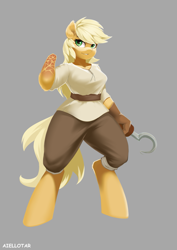 Size: 707x1000 | Tagged: safe, alternate version, artist:iloota, character:applejack, species:anthro, species:earth pony, species:pony, species:unguligrade anthro, fanfic:my little pony: the unexpected future, amputee, breasts, busty applejack, clothing, female, gray background, hook, looking at you, mare, scar, simple background, solo