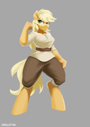 Size: 707x1000 | Tagged: safe, artist:iloota, character:applejack, species:anthro, species:earth pony, species:pony, species:unguligrade anthro, breasts, busty applejack, clothing, female, looking at you, mare, solo