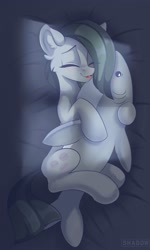 Size: 1500x2500 | Tagged: safe, artist:php97, character:marble pie, species:earth pony, species:pony, bed, blushing, eyes closed, female, hug, mare, night, plushie, shark, shark plushie, solo
