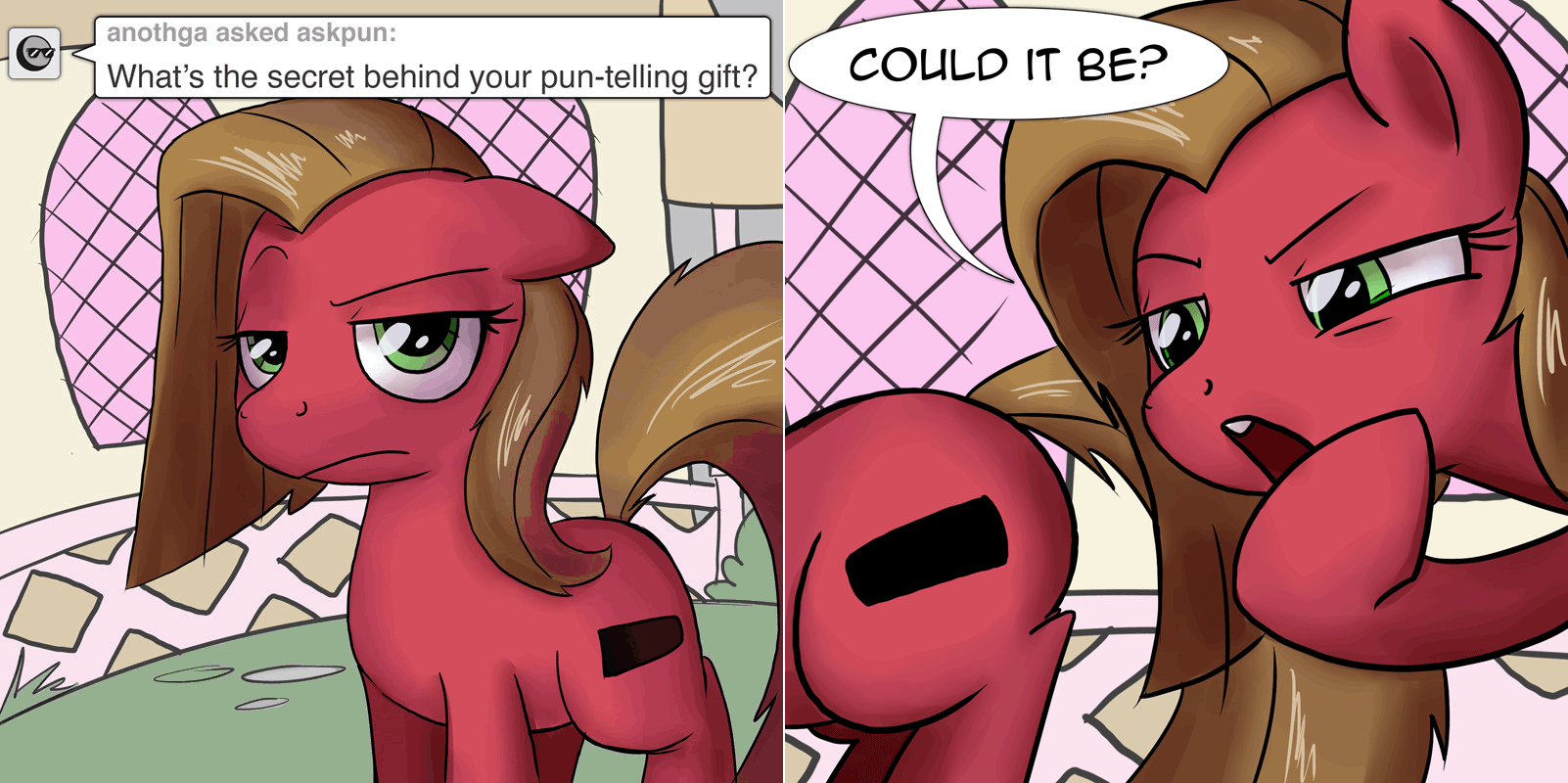 Size: 1602x800 | Tagged: safe, artist:professor-ponyarity, oc, oc:pun, species:earth pony, species:pony, ask pun, animated, ask, butt, female, gif, mare, plot, solo