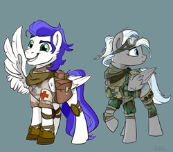 Size: 1280x1120 | Tagged: safe, artist:rutkotka, oc, oc:knightingale, oc:silent kosmos, species:pegasus, species:pony, species:unicorn, combat medic, duo, female, gray background, grin, hooves, looking back, male, mare, medic, raised hoof, saddle bag, salute, simple background, smiling, stallion, wing salute, wings