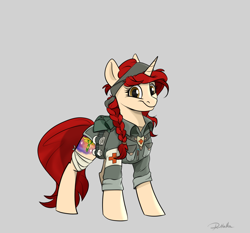 Size: 1500x1400 | Tagged: safe, artist:rutkotka, oc, species:pony, species:unicorn, bandage, braid, clothing, combat medic, female, gray background, hooves, horn, mare, medic, simple background, smiling, solo, uniform, ych result