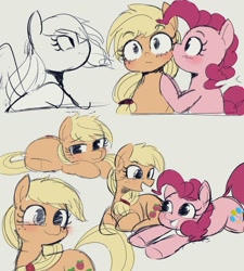 Size: 989x1097 | Tagged: safe, artist:manachaaaaaaaa, character:applejack, character:pinkie pie, species:earth pony, species:pony, ship:applepie, blushing, cute, diapinkes, female, jackabetes, kiss on the cheek, kissing, lesbian, love, mare, open mouth, prone, shipping, simple background, smiling