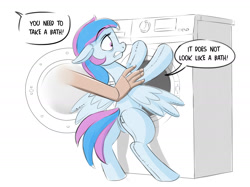 Size: 1722x1291 | Tagged: safe, artist:scheadar, oc, oc:starburn, species:pegasus, species:pony, do not want, female, mare, missing cutie mark, offscreen character, original species, plush pony, plushie, simple background, sketch, solo, washing machine, white background