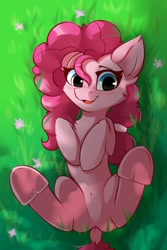 Size: 1000x1500 | Tagged: safe, alternate version, artist:php97, character:pinkie pie, species:earth pony, species:pony, alternate hairstyle, chest fluff, cute, dappled sunlight, diapinkes, dock, ear fluff, featureless crotch, female, frog (hoof), grass, looking at you, mane swap, mare, on back, smiling, solo, underhoof