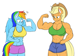 Size: 2009x1453 | Tagged: safe, artist:calm wind, artist:matchstickman, edit, character:applejack, character:rainbow dash, species:anthro, 1000 years in photoshop, abs, applejacked, biceps, breasts, busty applejack, busty rainbow dash, cleavage, clothing, comparison, competition, flexing, gunshow, midriff, muscles, rainbuff dash, size difference, sports bra