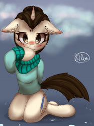 Size: 2480x3320 | Tagged: safe, artist:avery-valentine, oc, species:pony, species:unicorn, blushing, cute, cutie mark, kneeling, looking at you, solo