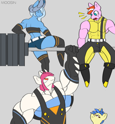 Size: 2800x3000 | Tagged: safe, artist:mopyr, oc, oc only, oc:camilia, oc:fort, oc:moosin, oc:oree, species:anthro, anthro oc, armpits, barbell, clothing, croptop, femboy, gloves, group, group shot, hybrid, lifting, male, muscles, original species, outfit, short jeans, skintight clothes, socks, stockings, strong, thigh highs