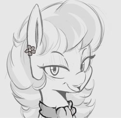 Size: 969x940 | Tagged: safe, artist:tre, character:aunt holiday, species:earth pony, species:pony, clothing, cute, female, gray background, grayscale, mare, monochrome, scarf, simple background, solo