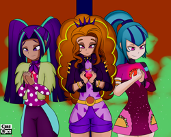 Size: 4000x3200 | Tagged: safe, artist:caoscore, character:adagio dazzle, character:aria blaze, character:sonata dusk, episode:find the magic, g4, my little pony: equestria girls, my little pony:equestria girls, spoiler:eqg series (season 2), gem, human coloration, minidress, siren gem, taco dress, the dazzlings, the dazzlings have returned