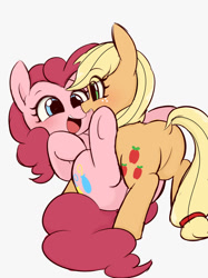 Size: 1024x1366 | Tagged: safe, artist:manachaaaaaaaa, character:applejack, character:pinkie pie, species:earth pony, species:pony, ship:applepie, balloonbutt, butt, dock, eye contact, female, lesbian, looking at each other, mare, on back, open mouth, plot, shipping, simple background, smiling, underhoof, white background