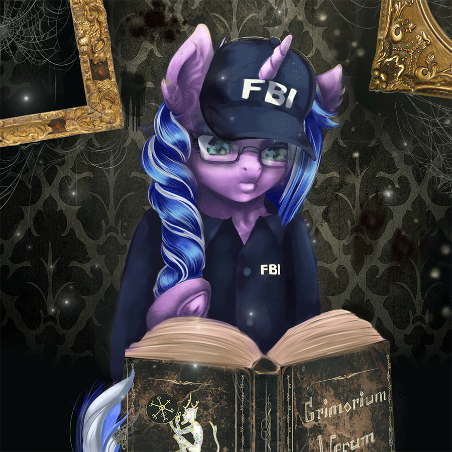 Size: 900x900 | Tagged: safe, artist:mdwines, oc, species:pony, species:unicorn, animated, blue hair, book, cap, clothing, commission, creepy, fbi, gif, glasses, green eyes, hat, horror, magic book, purple skin, solo, uniform, ych example, ych result, your character here