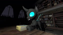 Size: 1192x670 | Tagged: safe, artist:kayman13, character:thorax, species:changeling, 3d, book, holding book, library, looking down, source filmmaker