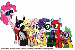 Size: 2084x1400 | Tagged: safe, artist:eagc7, character:applejack, character:fluttershy, character:pinkie pie, character:rainbow dash, character:rarity, character:spike, character:twilight sparkle, character:twilight sparkle (alicorn), species:alicorn, species:dragon, species:earth pony, species:pegasus, species:pony, species:unicorn, batman, cape, clothing, commission, costume, crossover, dc comics, female, green lantern, justice league, lasso, male, mane seven, mane six, mare, plastic man, ring, robin, rope, simple background, superhero, the flash, vixen, wonder woman