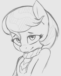 Size: 590x736 | Tagged: safe, artist:tre, character:auntie lofty, species:earth pony, species:pony, episode:the last crusade, g4, my little pony: friendship is magic, anatomically incorrect, bust, clothing, cute, female, grayscale, human shoulders, lineart, mare, monochrome, scarf, semi-anthro, solo