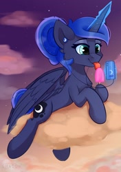 Size: 1200x1700 | Tagged: safe, artist:php97, character:princess luna, species:alicorn, species:pony, alternate hairstyle, cloud, cute, earbuds, female, food, glowing horn, horn, licking, lunabetes, magic, mare, mp3 player, on a cloud, popsicle, sitting on a cloud, sky, solo, telekinesis, tongue out