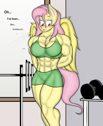 Size: 1314x1607 | Tagged: safe, artist:calm wind, artist:matchstickman, edit, character:fluttershy, species:anthro, 1000 years in photoshop, abs, adorasexy, barbell, biceps, blushing, breasts, busty fluttershy, cleavage, clothing, cute, deltoids, dialogue, dumbbell (object), female, gym, hand behind back, midriff, muscles, muscleshy, muscular female, pecs, sexy, shy, solo, sports bra, sports shorts, workout outfit