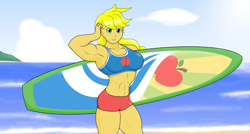 Size: 3226x1730 | Tagged: safe, artist:matchstickman, character:applejack, species:human, applejacked, armpits, beach, breasts, busty applejack, clothing, female, humanized, looking at you, muscles, ocean, sand, shorts, solo, surfboard, swimsuit