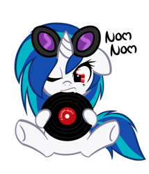 Size: 1024x1195 | Tagged: safe, artist:bamboodog, character:dj pon-3, character:vinyl scratch, species:pony, species:unicorn, female, filly, floppy ears, nom, one eye closed, simple background, sitting, solo, transparent background, wrong eye color
