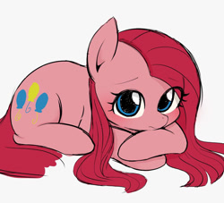 Size: 940x855 | Tagged: safe, artist:manachaaaaaaaa, character:pinkamena diane pie, character:pinkie pie, species:earth pony, species:pony, cute, cuteamena, diapinkes, eye clipping through hair, female, looking at you, mare, pixiv, prone, solo