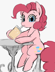 Size: 937x1216 | Tagged: safe, artist:manachaaaaaaaa, character:pinkie pie, species:earth pony, species:pony, cute, diapinkes, drinking, female, gray background, looking at you, mare, pixiv, seat, simple background, sitting, solo, straw, table