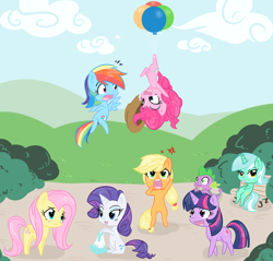Size: 900x860 | Tagged: safe, artist:bamboodog, character:applejack, character:fluttershy, character:lyra heartstrings, character:pinkie pie, character:rainbow dash, character:rarity, character:spike, character:twilight sparkle, species:dragon, species:earth pony, species:pegasus, species:pony, species:unicorn, accessory theft, balloon, bench, chibi, dragon hat, floating, male, mane seven, rearing, sitting, then watch her balloons lift her up to the sky, tongue out