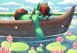 Size: 1024x703 | Tagged: safe, artist:peachmayflower, oc, oc only, oc:forest farseer, species:earth pony, species:pony, boat, lily pad, solo, ych result