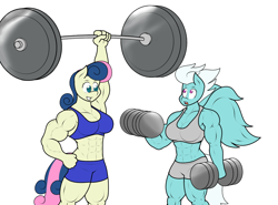 Size: 1512x1120 | Tagged: safe, artist:matchstickman, character:bon bon, character:fleetfoot, character:sweetie drops, species:anthro, abs, armpits, barbell, bon bombastic, breasts, clothing, commission, dumbbell (object), fleetflex, grin, midriff, muscles, simple background, smiling, sports bra, weight lifting, weights, workout, workout outfit