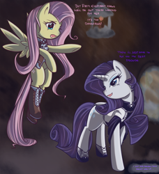 Size: 900x986 | Tagged: safe, artist:bamboodog, character:fluttershy, character:rarity, species:pegasus, species:pony, species:unicorn, clothing, comic, duo, duo female, female, mare