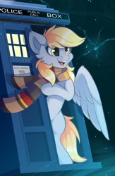 Size: 1300x2000 | Tagged: safe, artist:php97, character:derpy hooves, species:pegasus, species:pony, g4, bipedal, cheek fluff, clothing, crossover, cute, derpabetes, doctor who, female, fourth doctor's scarf, implied doctor whooves, mare, open mouth, open smile, scarf, smiling, solo, space, tardis, three quarter view, wings