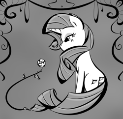 Size: 900x872 | Tagged: safe, artist:bamboodog, character:rarity, species:pony, species:unicorn, female, flower, grayscale, mare, monochrome, rose, sitting, solo