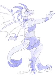 Size: 1024x1366 | Tagged: safe, artist:novaintellus, character:princess ember, species:dragon, newbie artist training grounds, atg 2019, beautiful, blushing, clothing, compression shorts, cute, dragoness, emberbetes, female, ice skates, ice skating, looking back, midriff, miniskirt, signature, sketch, skirt, solo, sports bra, spread wings, wings