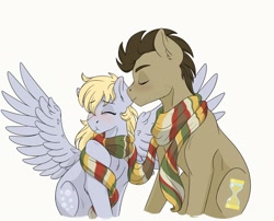 Size: 1898x1536 | Tagged: safe, artist:pastel-charms, character:derpy hooves, character:doctor whooves, character:time turner, species:pony, ship:doctorderpy, clothing, female, fourth doctor's scarf, kissing, male, scarf, shared clothing, shared scarf, shipping, simple background, straight, white background