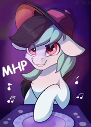 Size: 1000x1400 | Tagged: safe, artist:php97, oc, oc:neondash, species:earth pony, species:pony, clothing, hat, music notes, solo, turntable