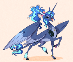 Size: 2297x1935 | Tagged: safe, artist:marbola, character:princess luna, species:alicorn, species:pony, episode:between dark and dawn, g4, my little pony: friendship is magic, 80s princess luna, alternate hairstyle, eyes closed, female, leonine tail, mare, raised hoof, smiling