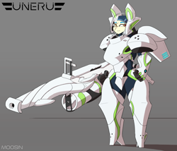 Size: 3500x3000 | Tagged: safe, artist:mopyr, oc, oc only, oc:camilia, species:anthro, armor, design, gray background, gun, power armor, powered exoskeleton, science fiction, simple background, solo, weapon