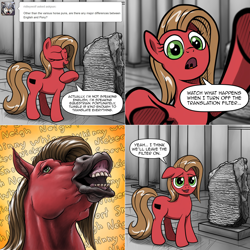Size: 1602x1602 | Tagged: safe, artist:verulence, oc, oc:pun, species:earth pony, species:pony, ask pun, ask, descriptive noise, female, flehmen response, fourth wall, hoers, horse face, horse noises, horses doing horse things, mare, neigh, realistic, rosetta stone, solo