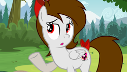 Size: 1360x768 | Tagged: safe, artist:rsa.fim, edit, edited screencap, screencap, oc, oc:whisper hope, species:pegasus, species:pony, bow, female, mare, one hoof raised, red eyes, show accurate, tail bow, wings