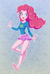 Size: 1254x1836 | Tagged: safe, artist:cabrony, artist:rosalhymn, character:pinkie pie, my little pony:equestria girls, barefoot, clothing, cute, diapinkes, feet, female, happy, legs, miniskirt, moe, raised leg, skirt, smiling, solo, sweater, thighs