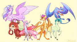 Size: 5896x3238 | Tagged: safe, artist:marbola, character:gallus, character:ocellus, character:sandbar, character:silverstream, character:smolder, character:yona, species:changeling, species:dragon, species:earth pony, species:griffon, species:hippogriff, species:pony, species:reformed changeling, species:yak, colored hooves, cute, diaocelles, diastreamies, dragoness, female, gallabetes, realistic horse legs, sandabetes, simple background, smiling, smolderbetes, student six, yellow background, yonadorable